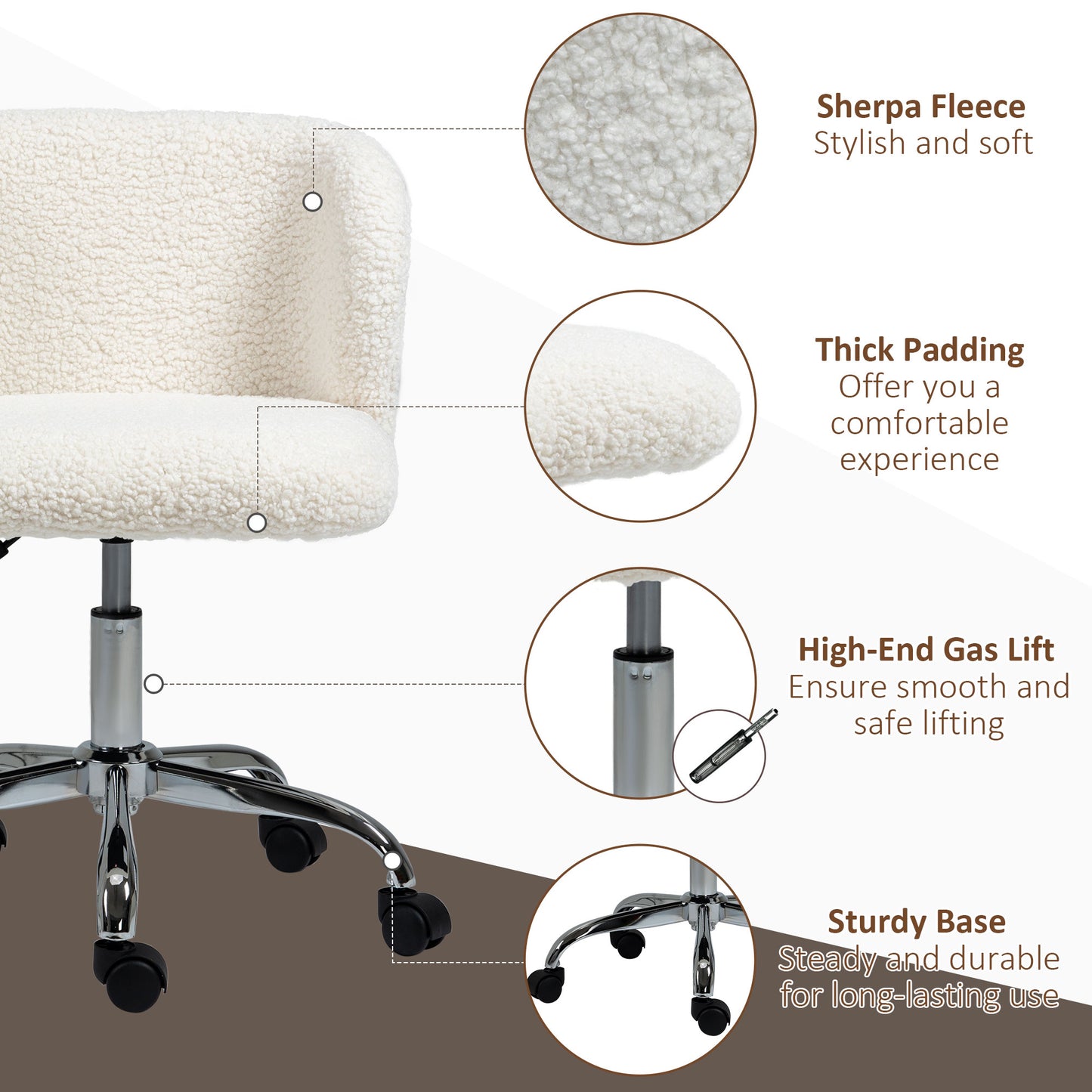 Office Chair, Swivel Chair with Adjustable Height and Wheels, White