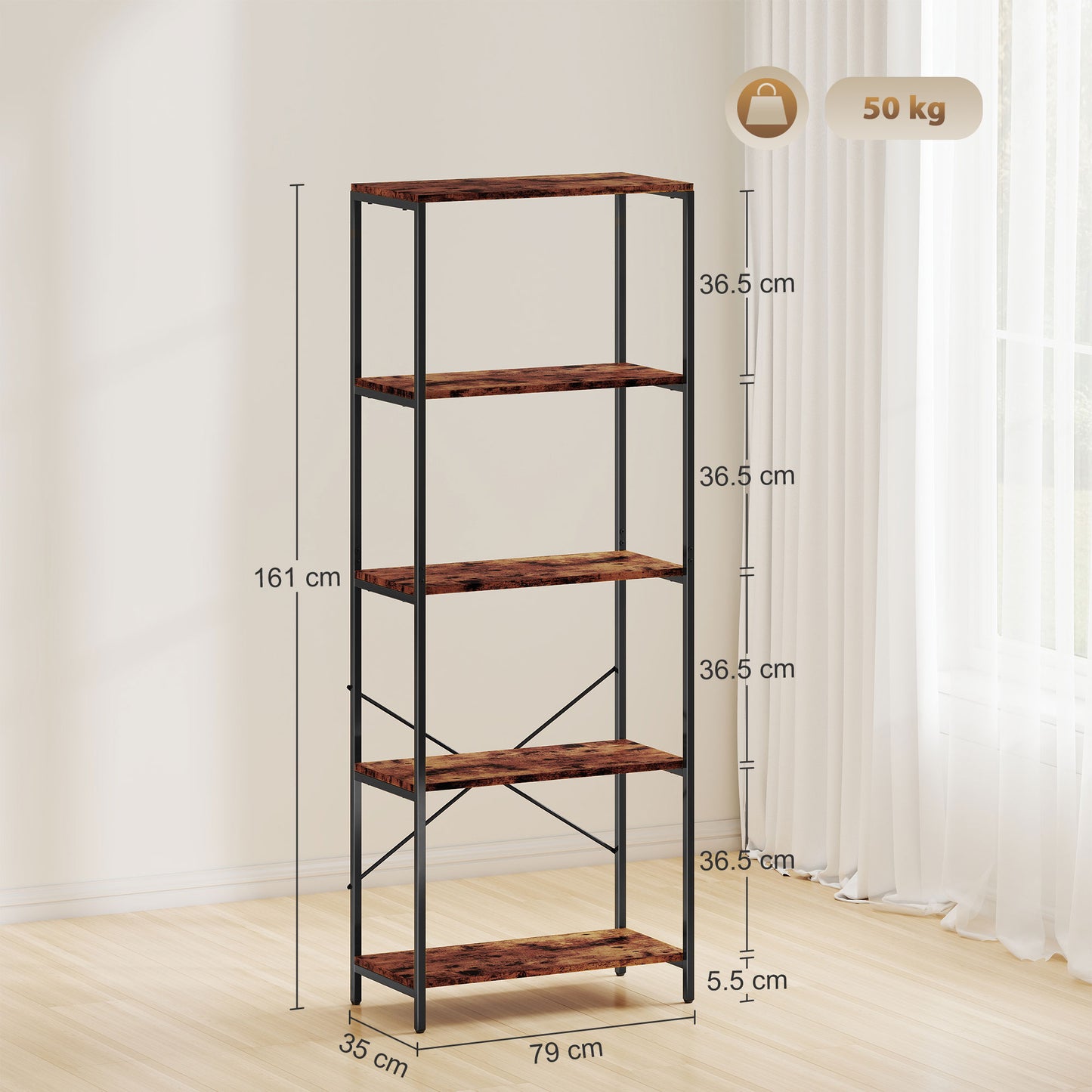 Industrial Bookshelf, Freestanding Bookcase, Rustic Brown and Black