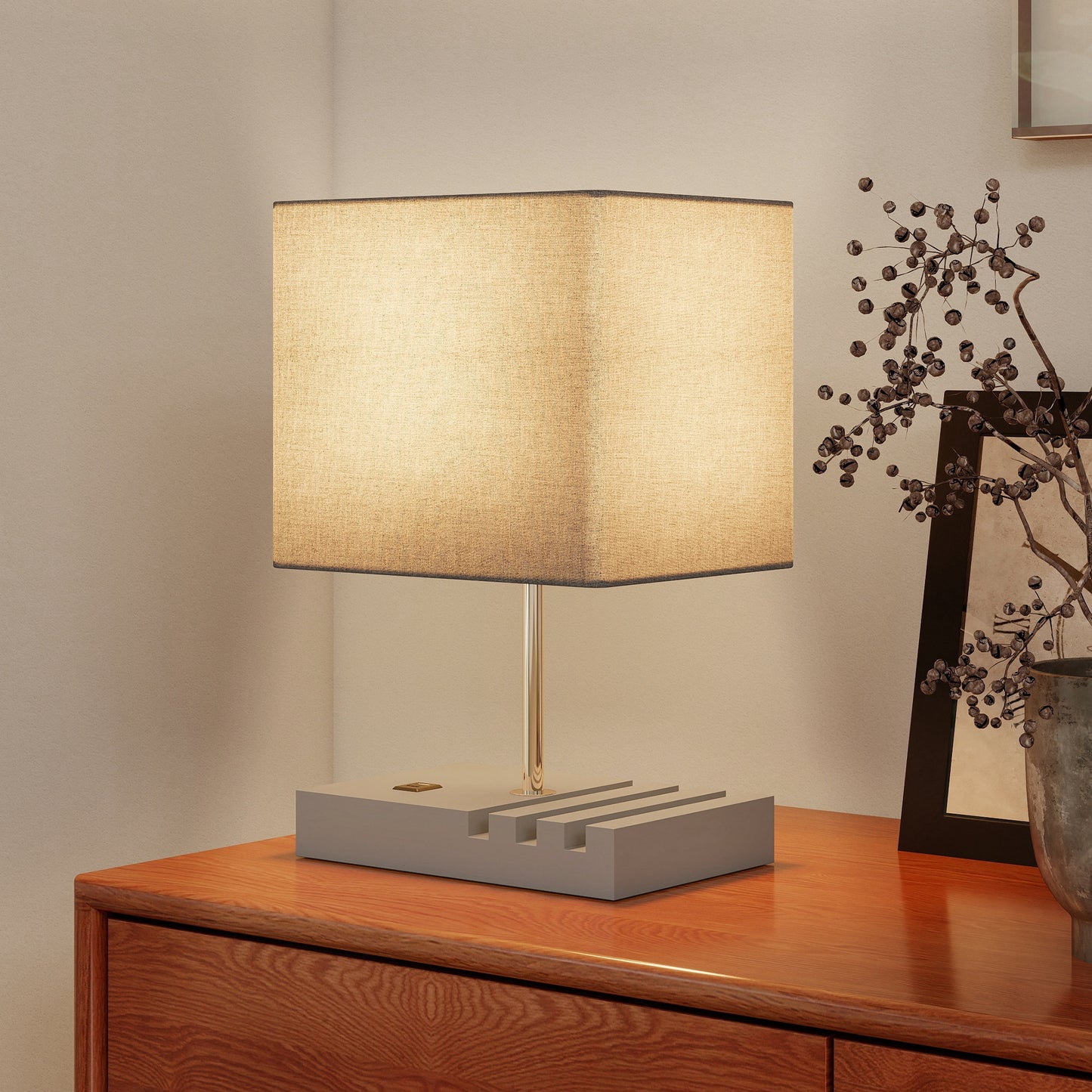 Table Lamp with 3 Slots, Bedside Lamp with Solid Wood Base, Grey