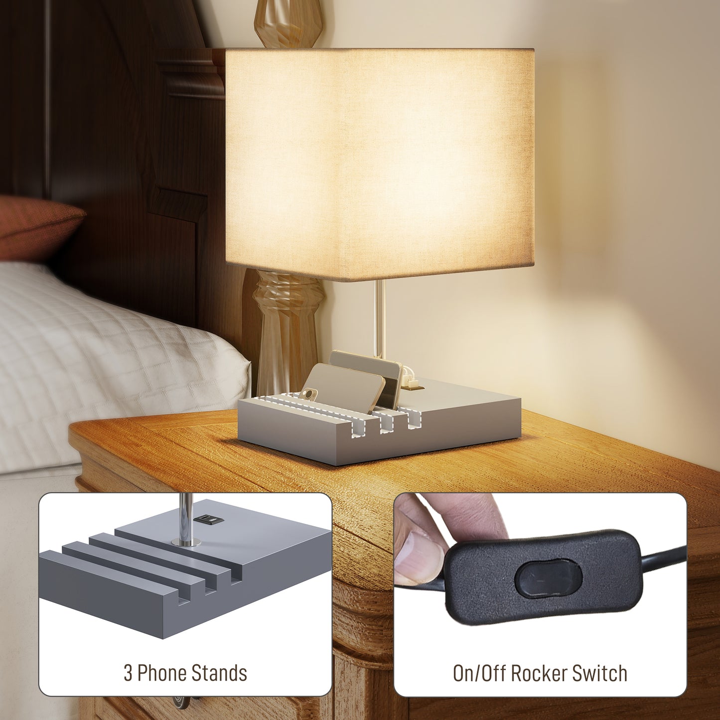 Table Lamp with 3 Slots, Bedside Lamp with Solid Wood Base, Grey