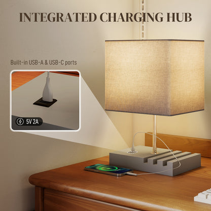 Table Lamp with 3 Slots, Bedside Lamp with Solid Wood Base, Grey