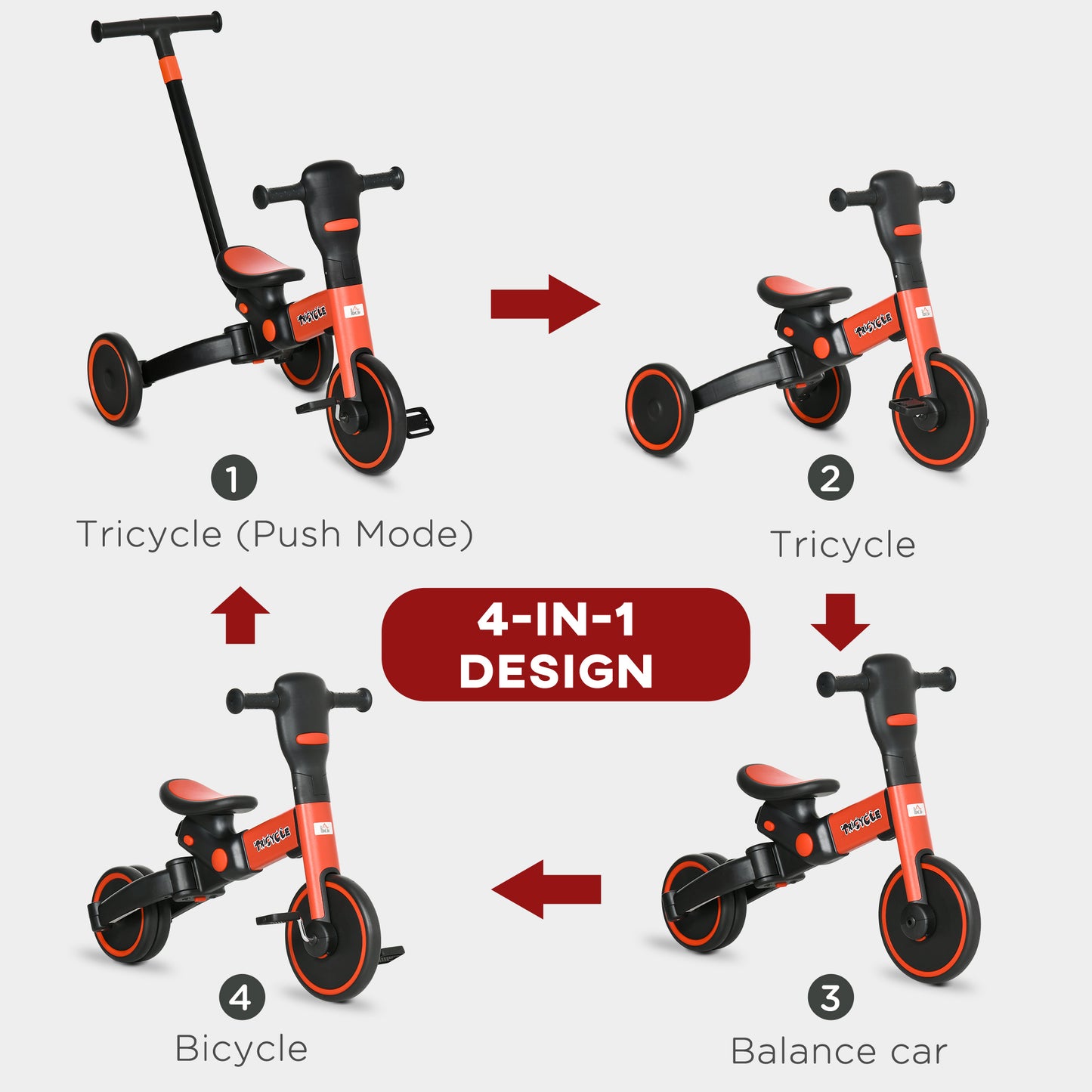 4-in-1 Tricycle for Kids, Baby Trike with Adjustable Push Handle, Detachable Foot Rest for 18-60 Months, Red