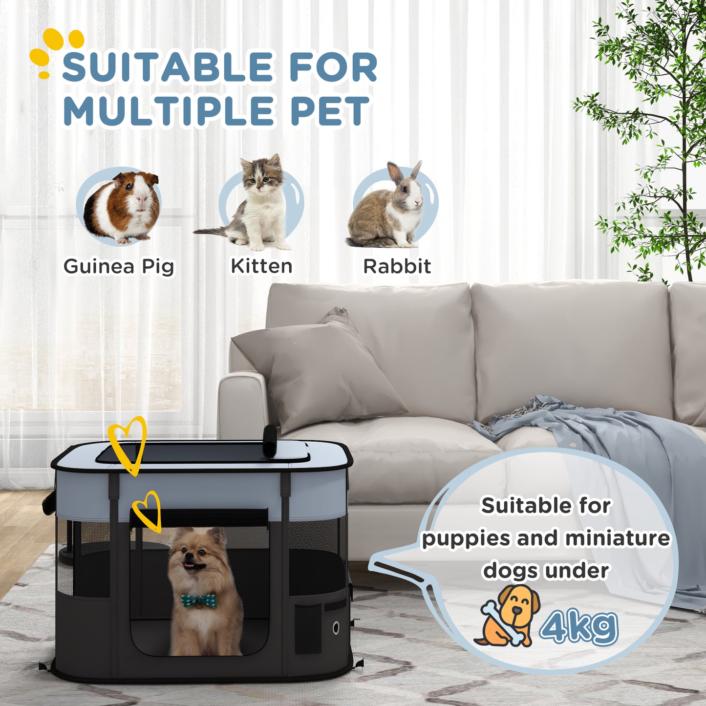 Portable Dog Pen for Puppies, Rabbits, Kittens, Guinea Pigs - Grey