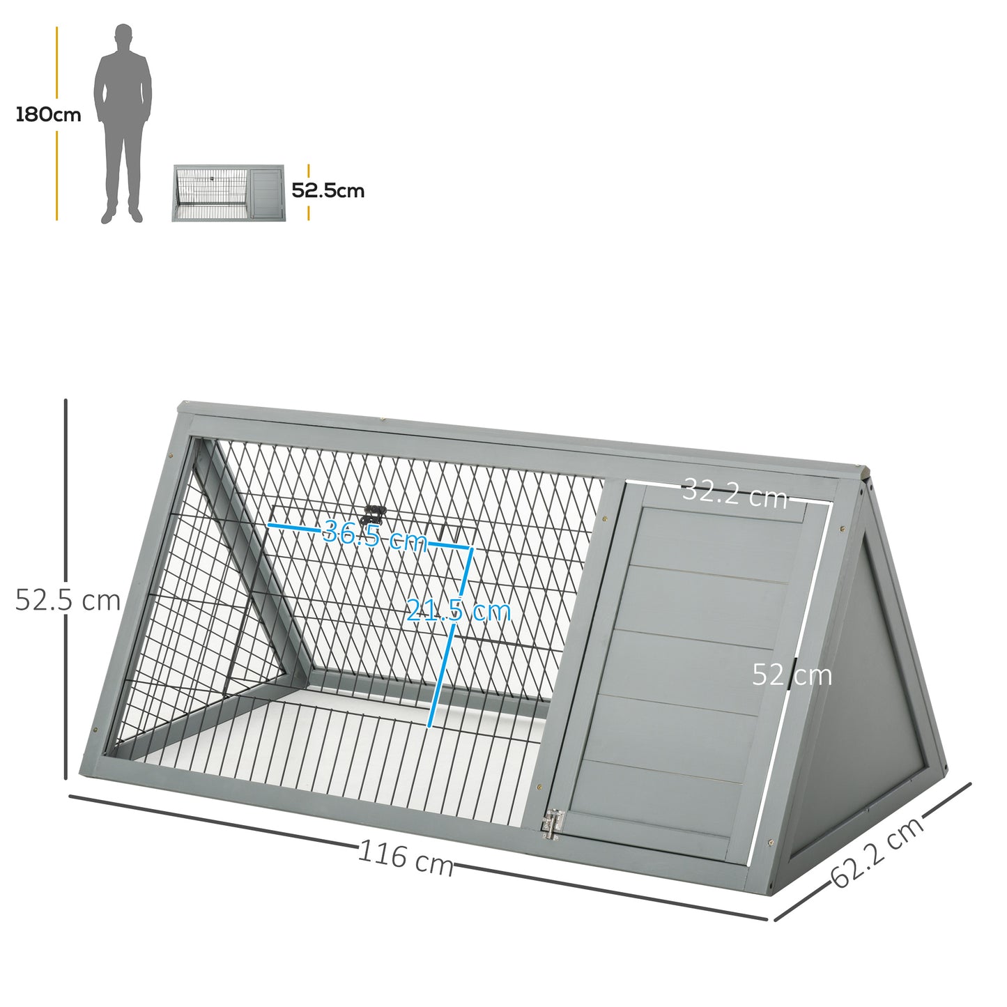 Wooden Rabbit Cage Small Animal Hutch w/ Outside Area - Grey