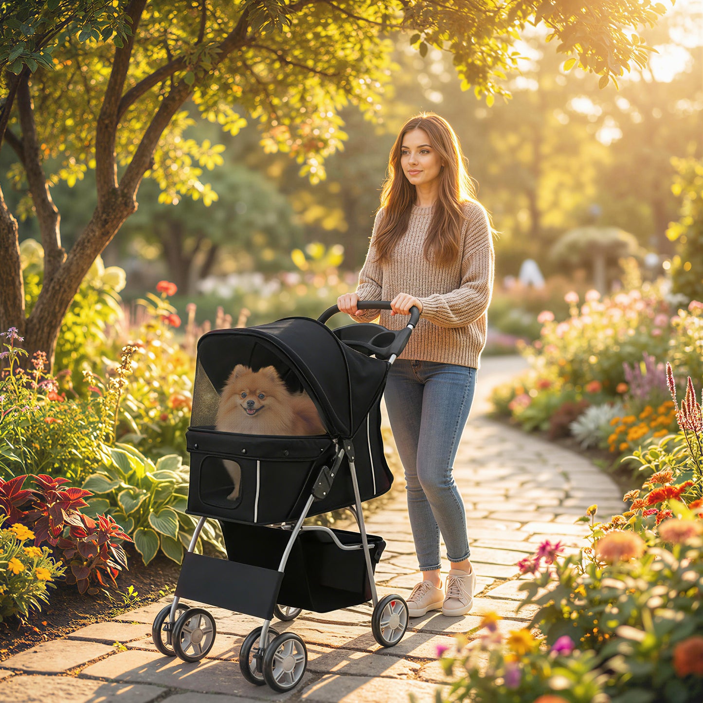 Pet Stroller Carrier Foldable Deluxe Walk Travel Dog, Black