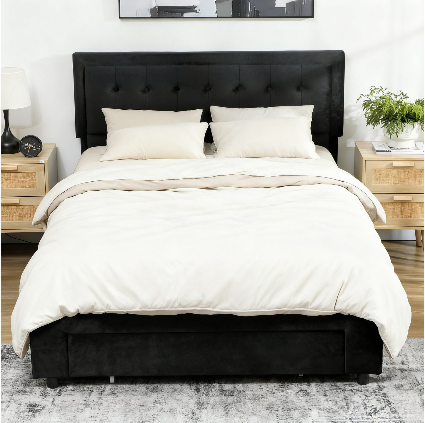 Upholstered Bed Frame with Storage Drawer and Adjustable Headboard, 5ft King Size Ottoman Bed with Gas Lift End Opening, Wooden Slats, No Mattress, Black