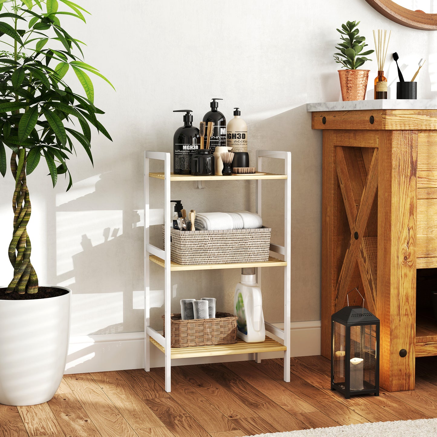3-Tier Bamboo Bathroom Storage Shelf with Adjustable Rack, Natural