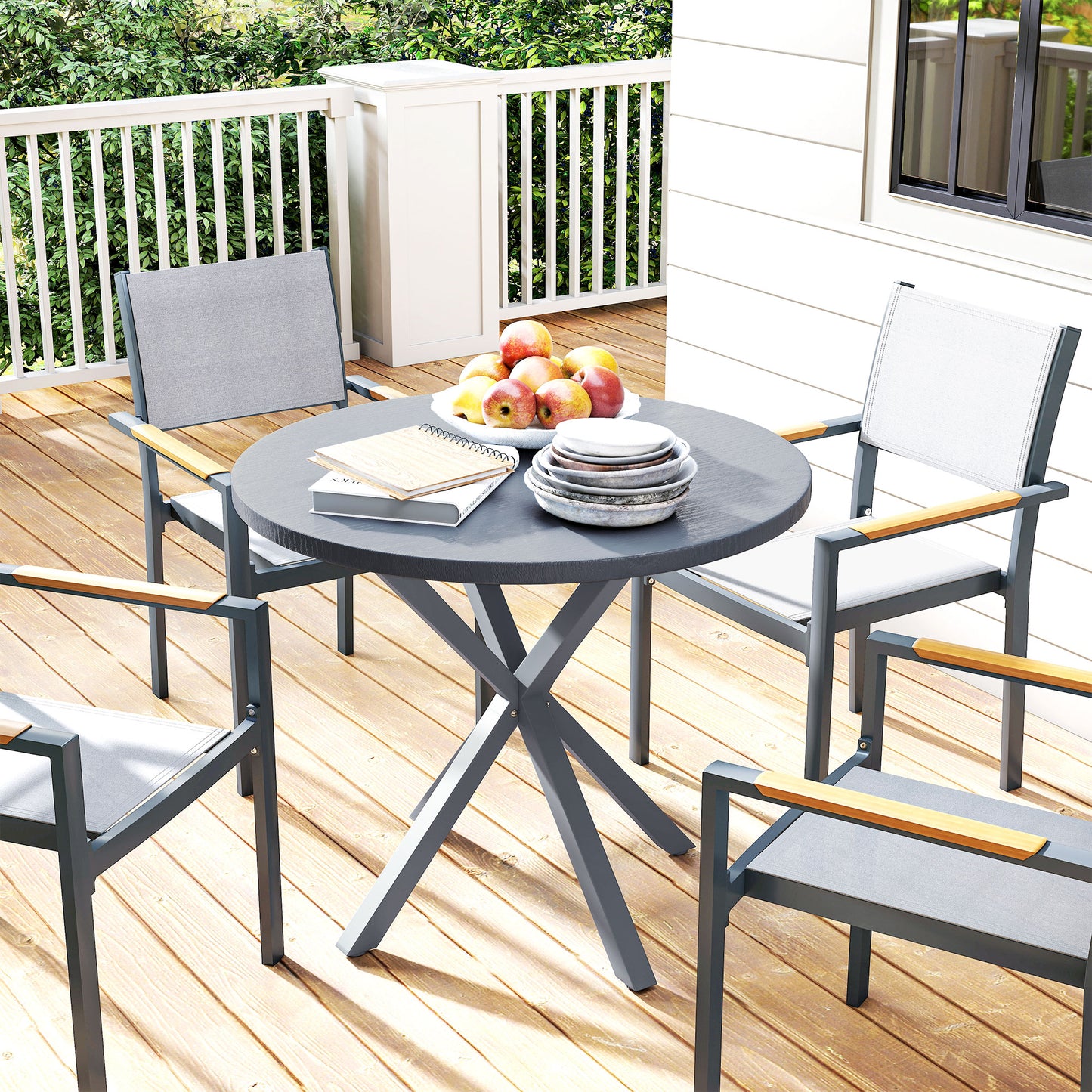 Garden Table with Steel Frame, Wood Effect Top, for Balcony, Deck