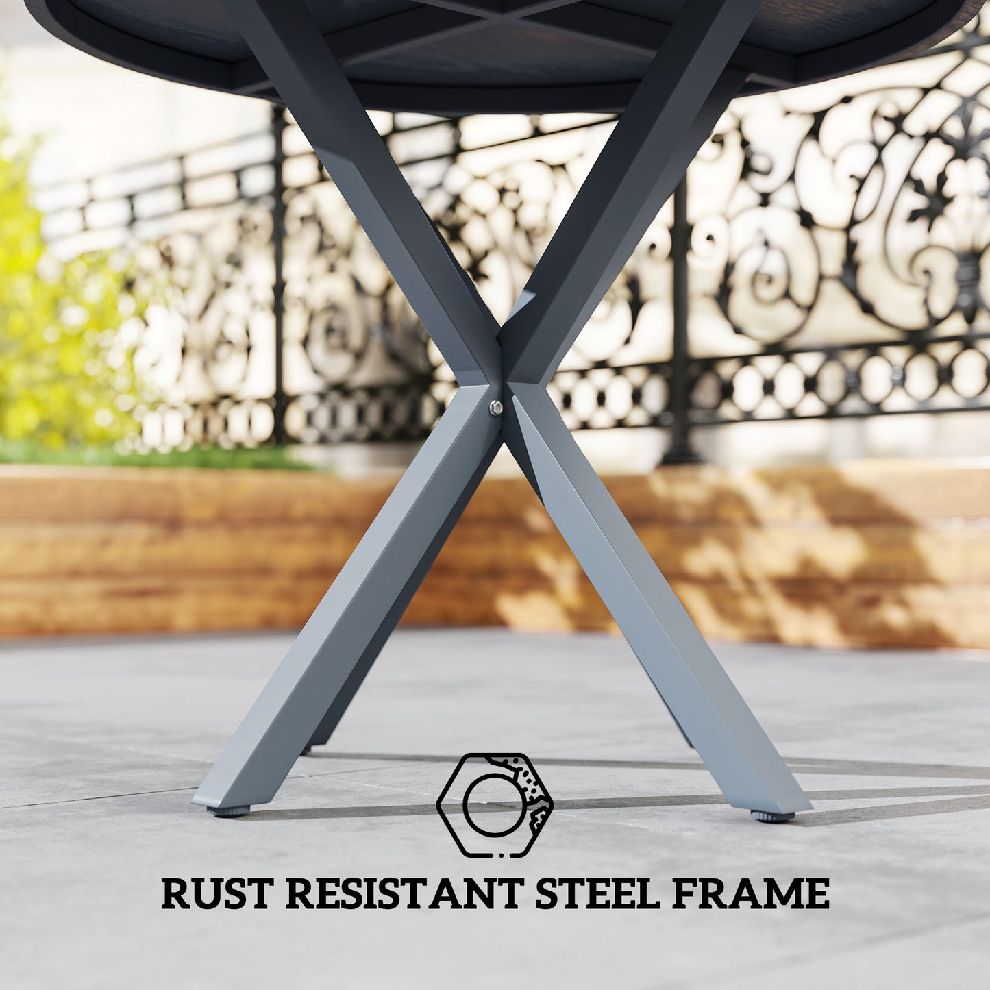 Garden Table with Steel Frame, Wood Effect Top, for Balcony, Deck