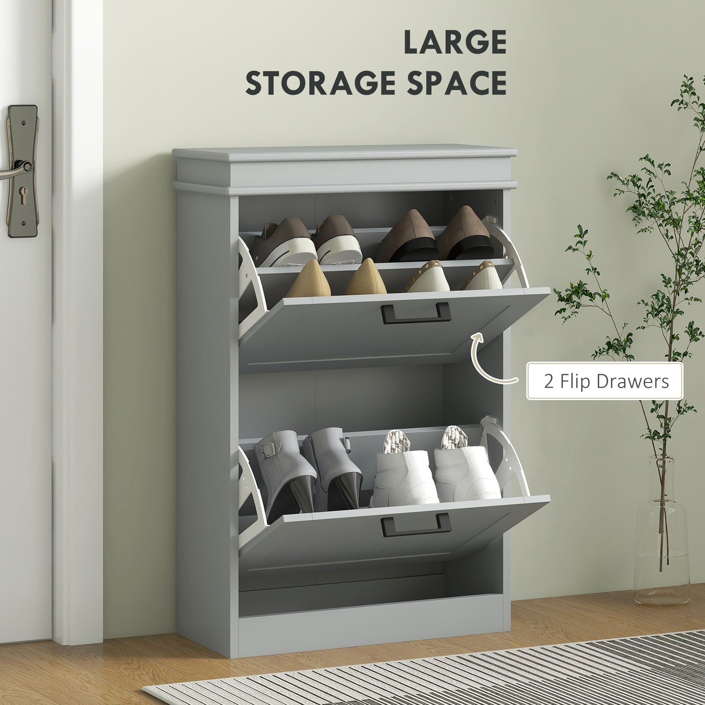 Slim Shoe Storage Cabinet with 2 Flip Drawers for Entryway, Grey
