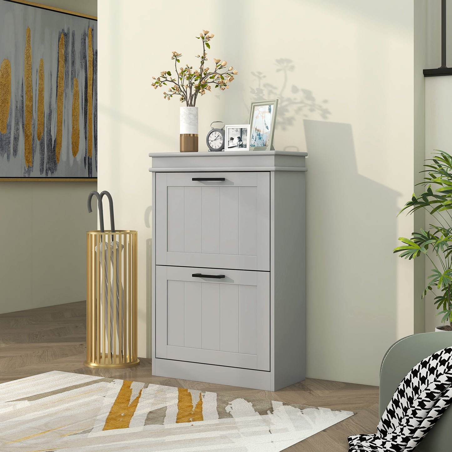 Slim Shoe Storage Cabinet with 2 Flip Drawers for Entryway, Grey