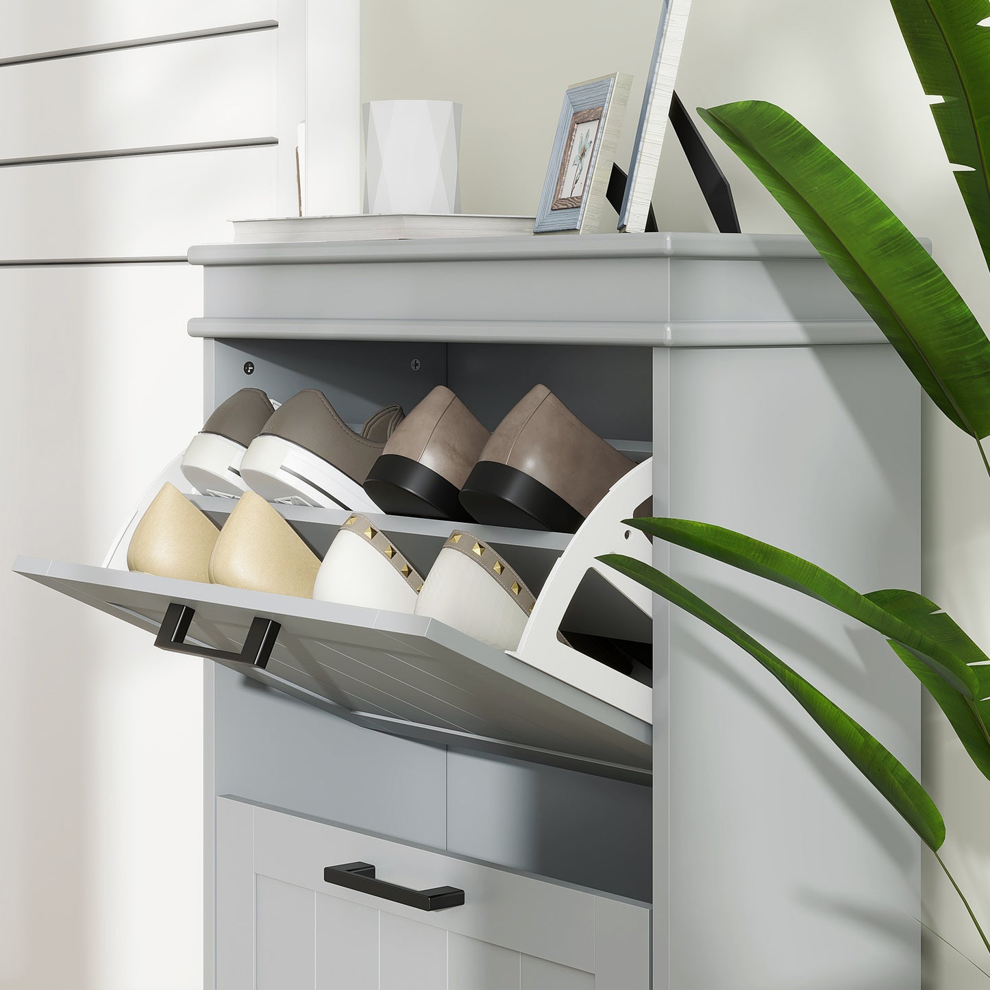 Slim Shoe Storage Cabinet with 2 Flip Drawers for Entryway, Grey