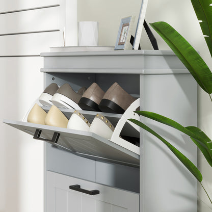 Slim Shoe Storage Cabinet with 2 Flip Drawers for Entryway, Grey