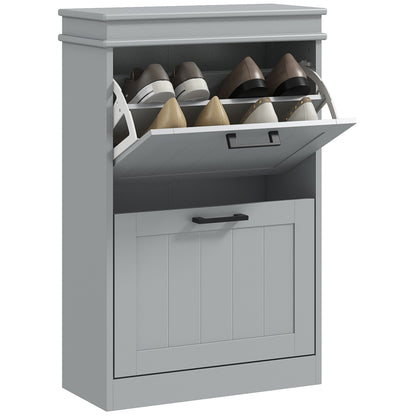 Slim Shoe Storage Cabinet with 2 Flip Drawers for Entryway, Grey