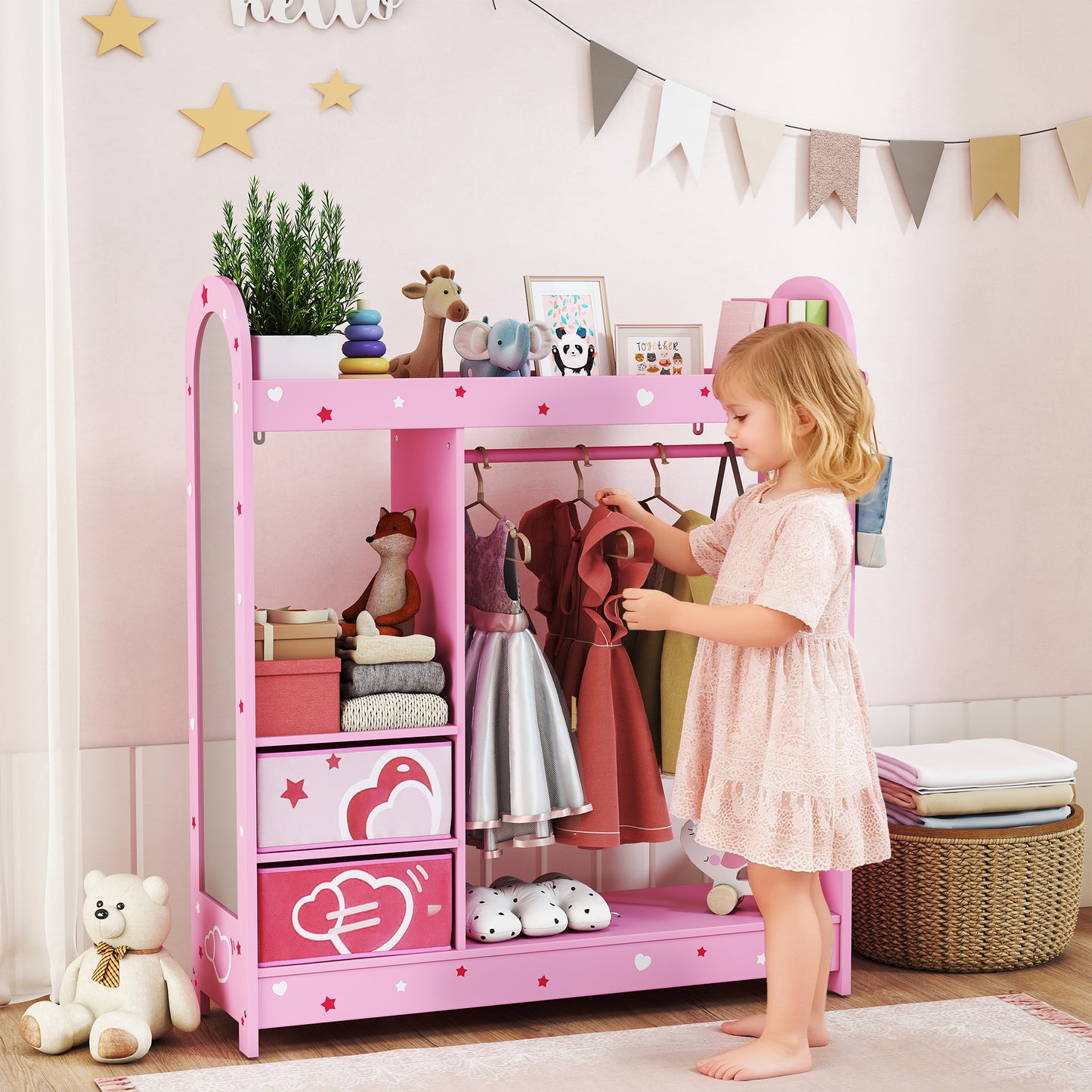 Kids Wardrobe, Kids Clothes Rail with Mirror for Bedroom, Pink
