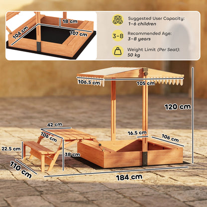 Kids Sand Pit with Lid, Wooden Sandpit with Foldable Picnic Table