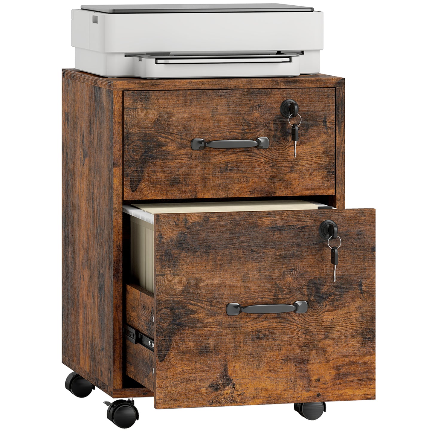 Roll File Cabinet with Drawer, Organiser Letter Size, Rustic Brown