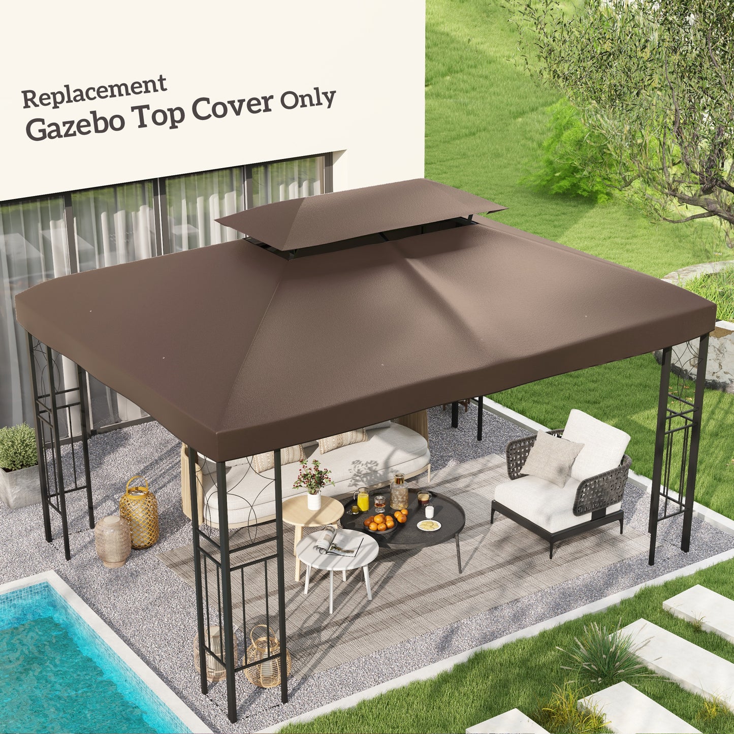3x4m Gazebo Replacement Roof Canopy 2 Tier Top UV Cover Patio Brown