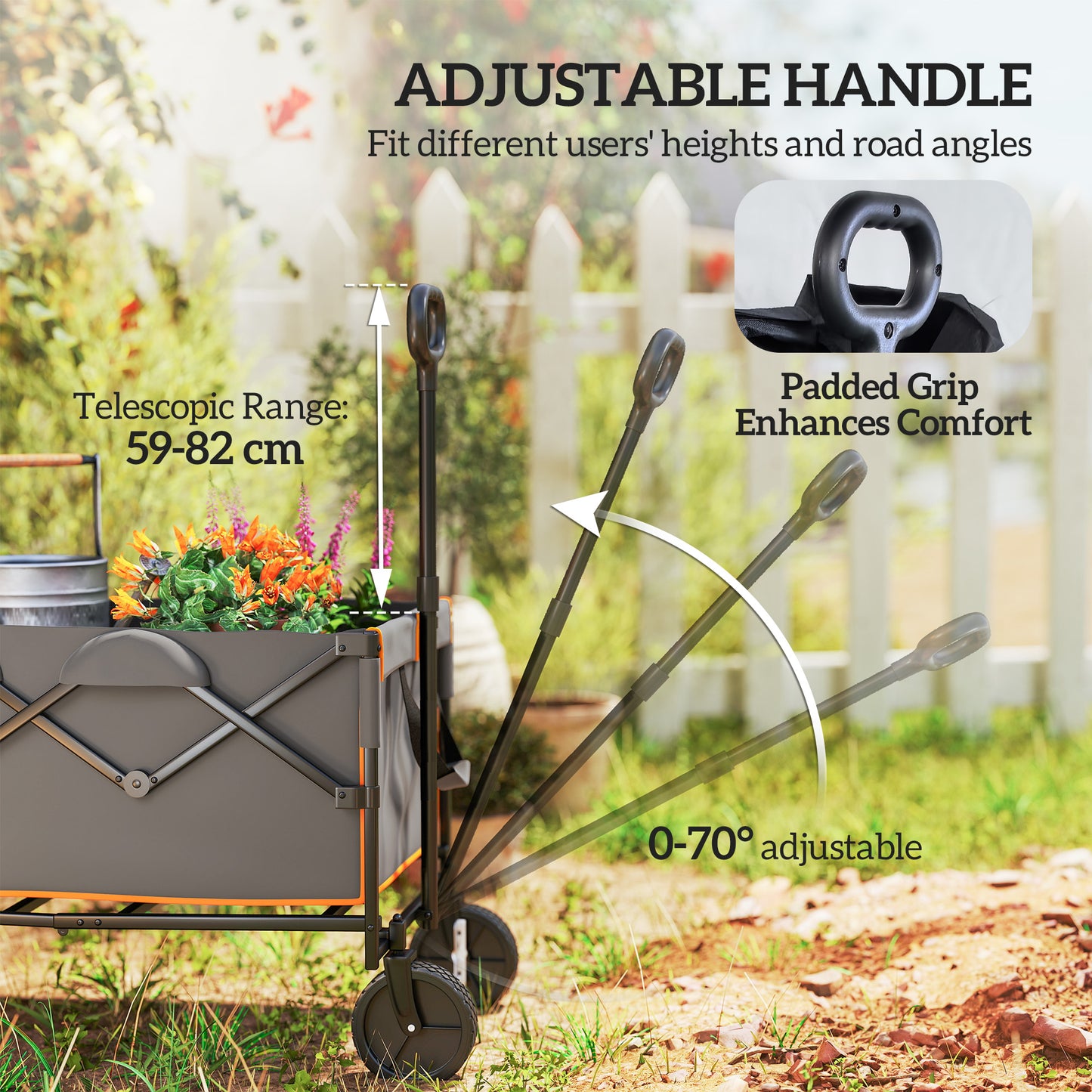 160L Folding Trolley Cart w/ Adjustable Handle, Grey and Orange