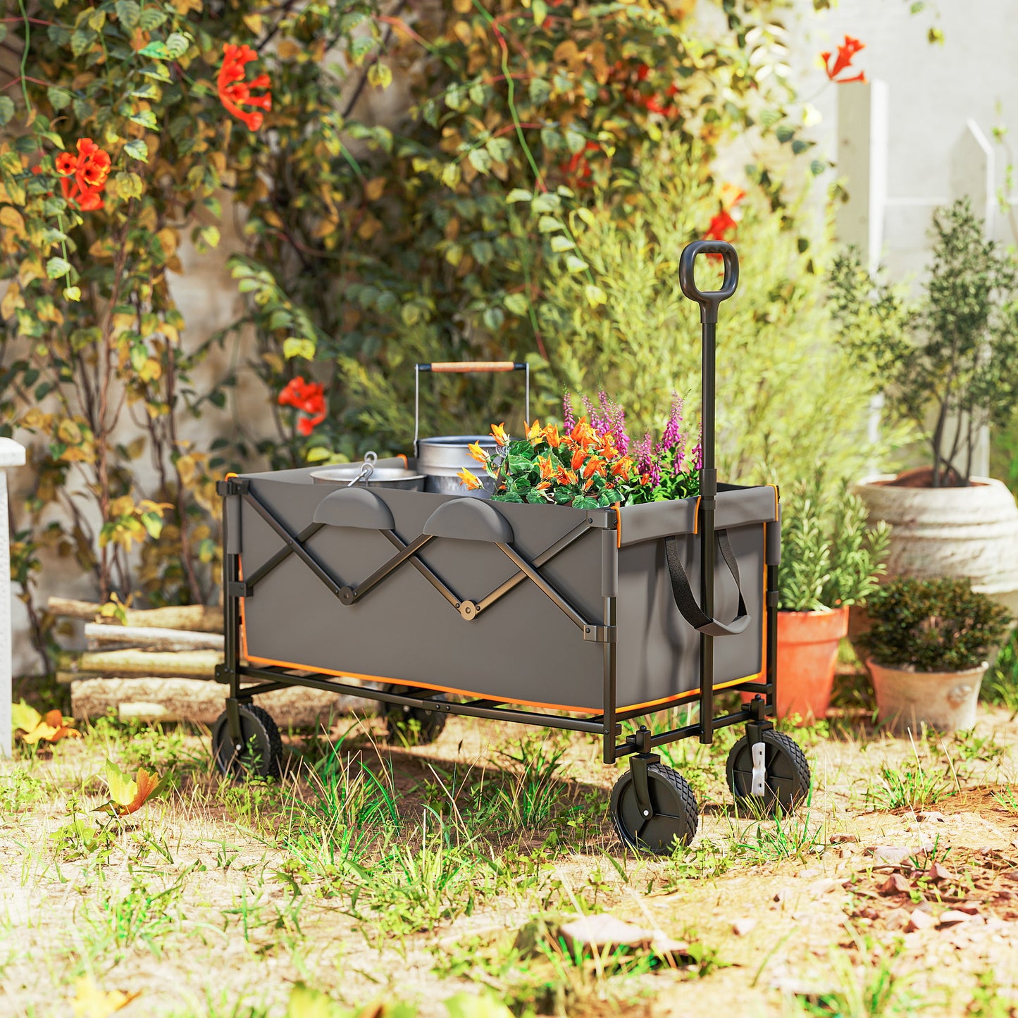 160L Folding Trolley Cart w/ Adjustable Handle, Grey and Orange
