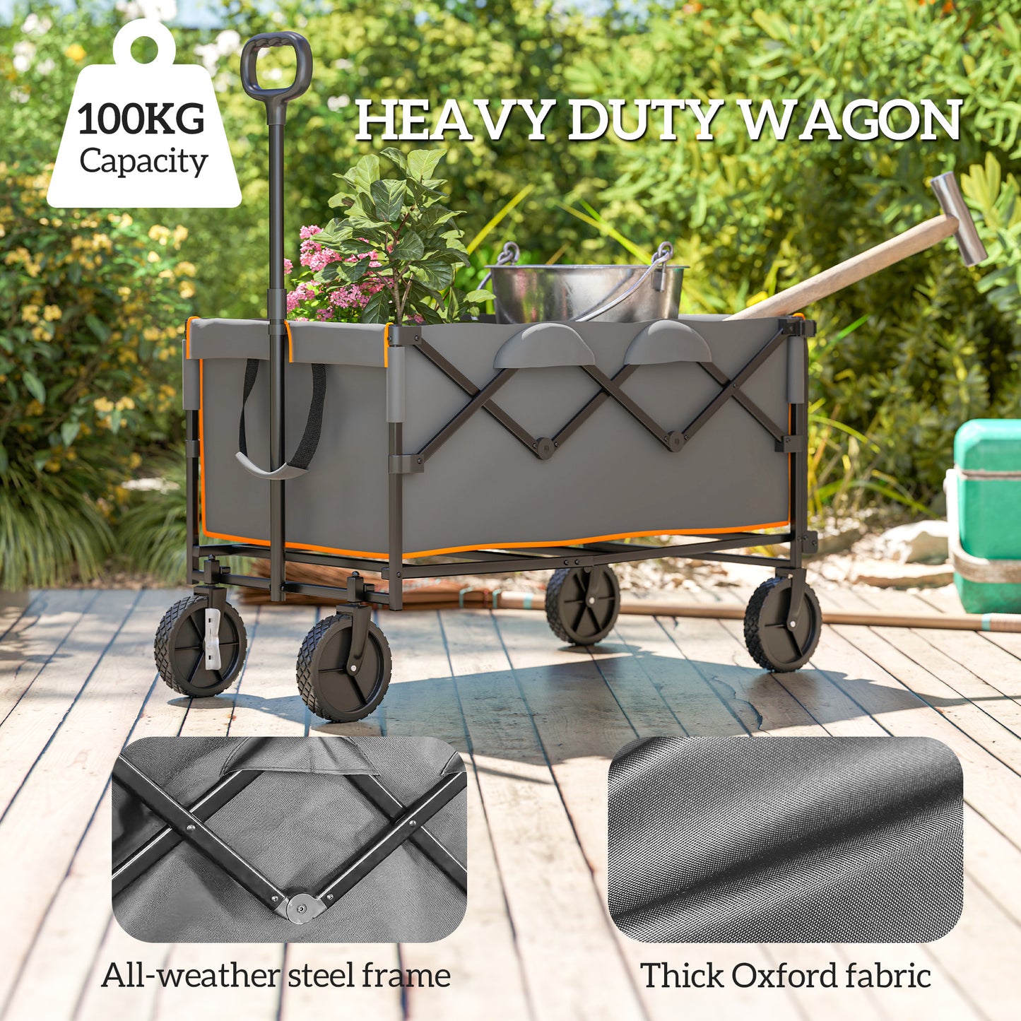 160L Folding Trolley Cart w/ Adjustable Handle, Grey and Orange
