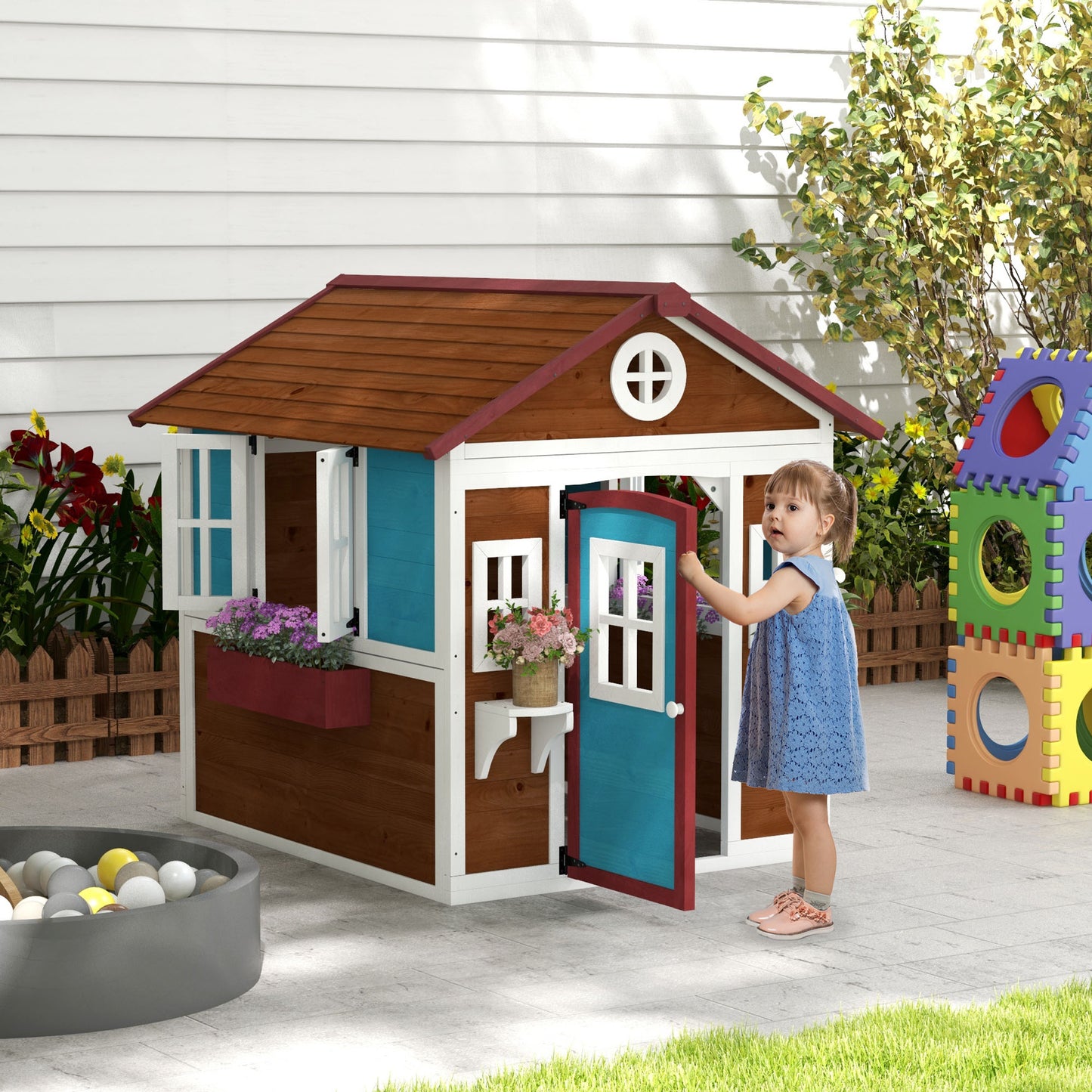 Wooden Playhouse with Doors, Wooden, Plant Pots for Kids - Dark Brown