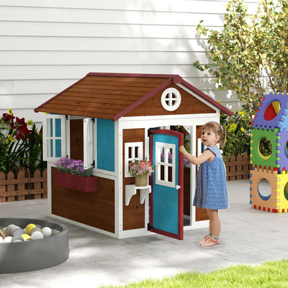 Wooden Playhouse with Doors, Wooden, Plant Pots for Kids - Dark Brown