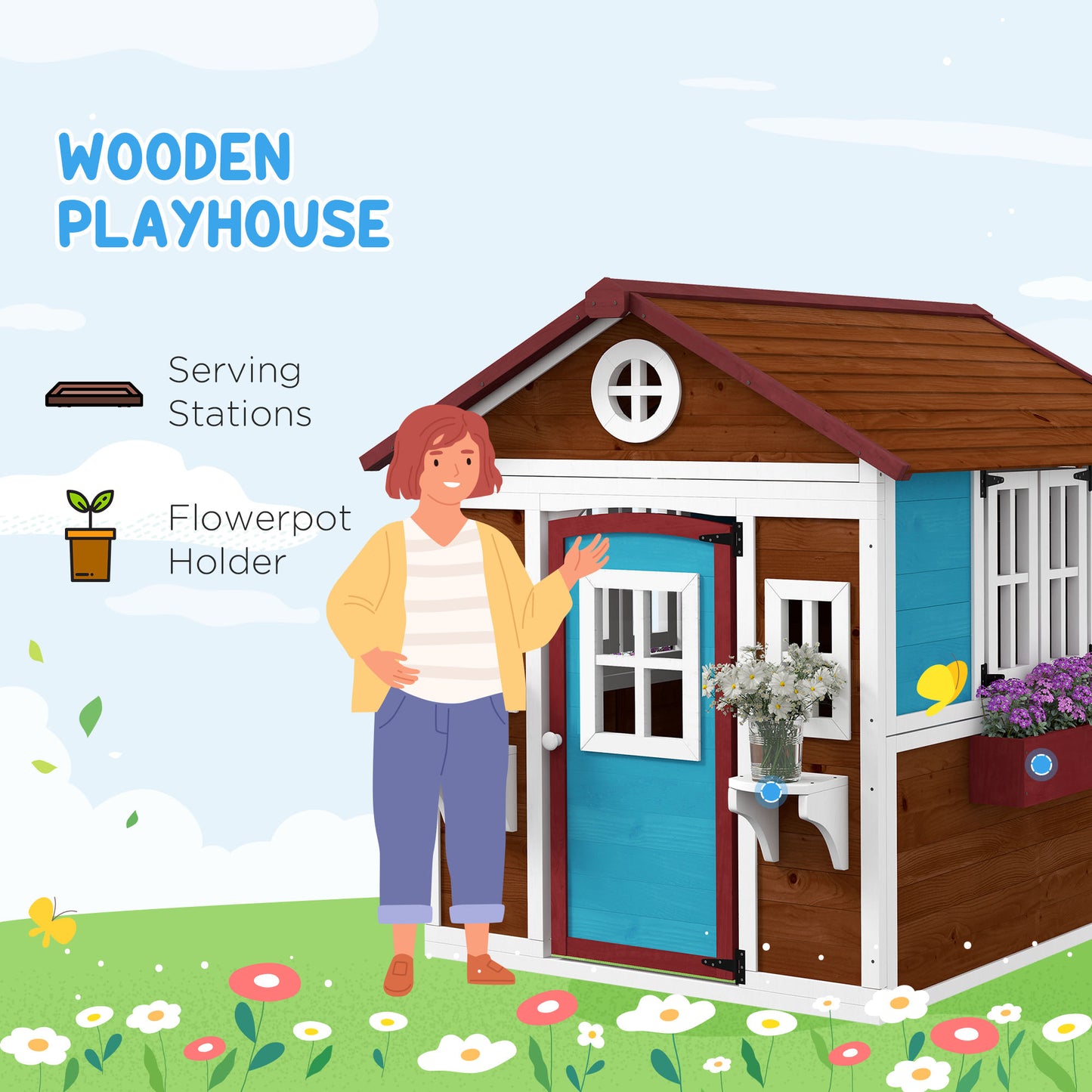 Wooden Playhouse with Doors, Wooden, Plant Pots for Kids - Dark Brown