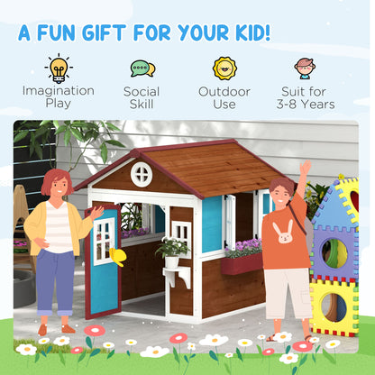 Wooden Playhouse with Doors, Wooden, Plant Pots for Kids - Dark Brown