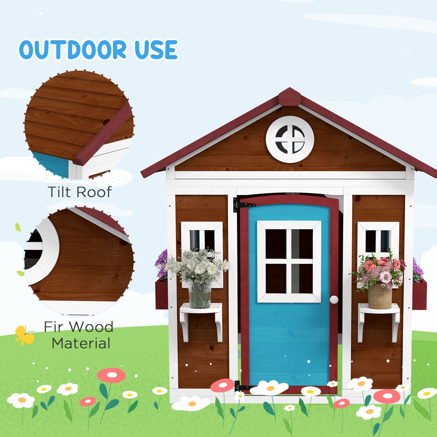 Wooden Playhouse with Doors, Wooden, Plant Pots for Kids - Dark Brown