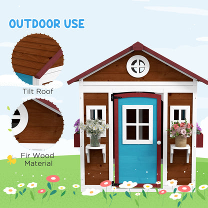 Wooden Playhouse with Doors, Wooden, Plant Pots for Kids - Dark Brown