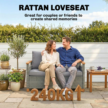 2 Seater Rattan Garden Sofa with Acacia Wood Armrests, Dark Grey