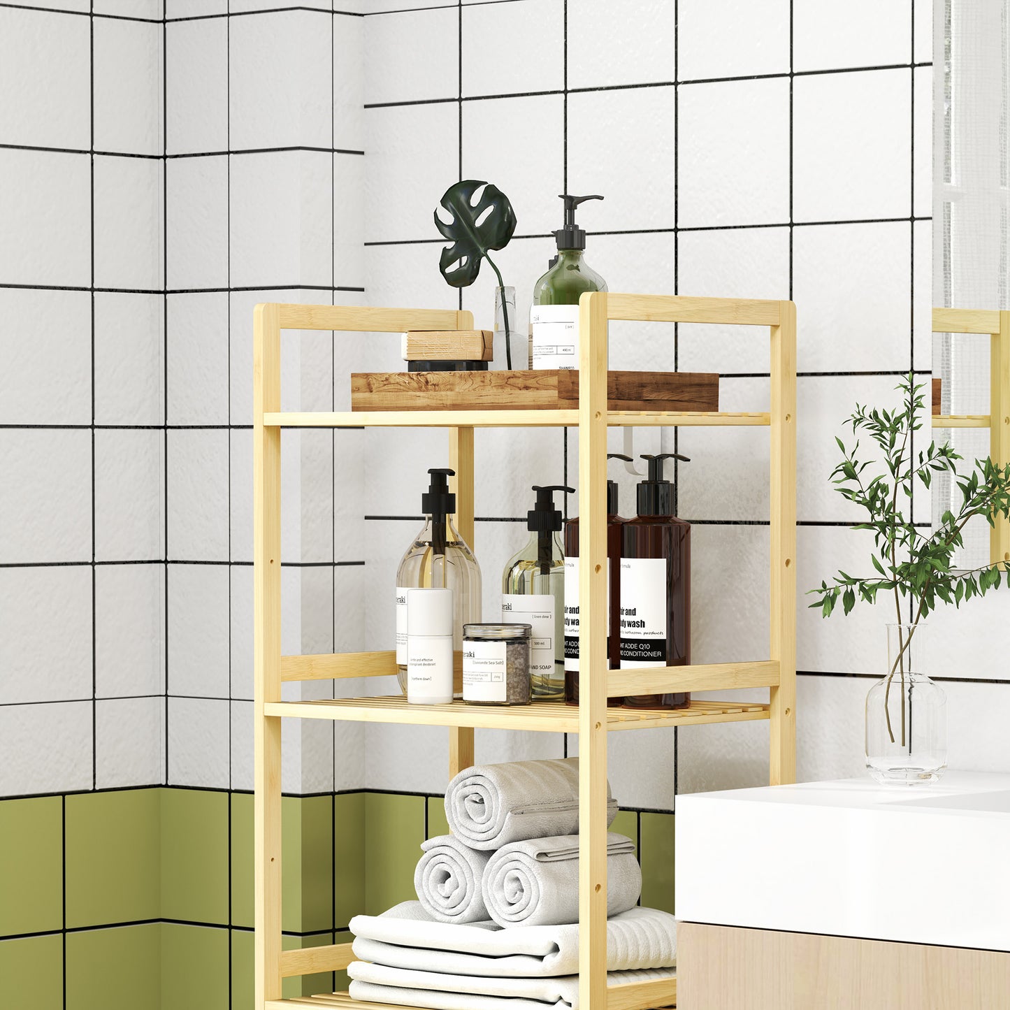 5-Tier Bamboo Bathroom Storage Shelf with Adjustable Rack, Natural