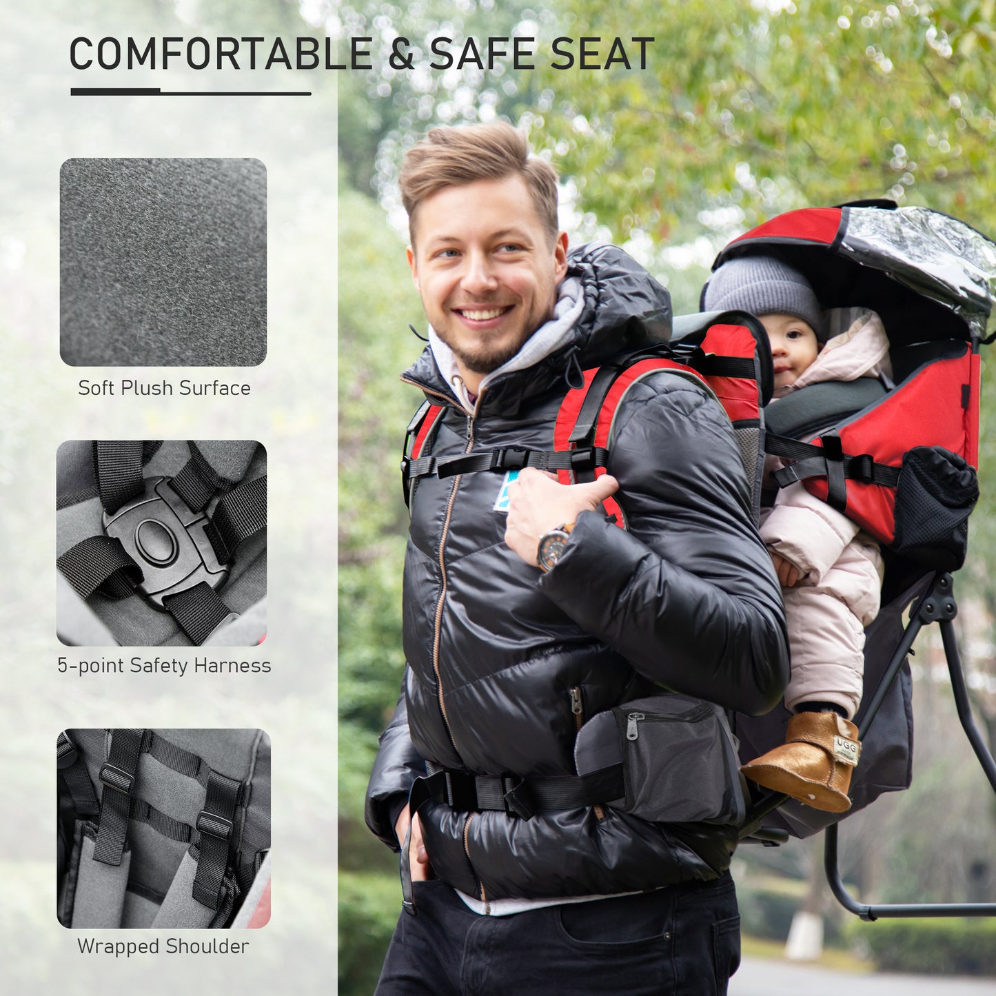 Baby Hiking Backpack Carrier w/ Detachable Rain Cover for Toddlers Red
