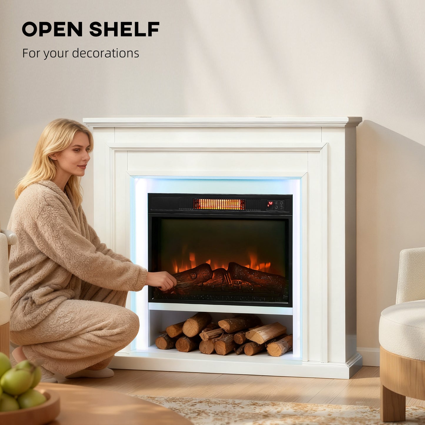 1800W Inset Electric Fireplace and Mantel Reach up to 30 m², White