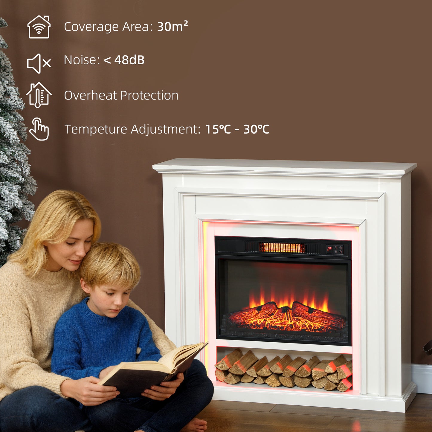 1800W Inset Electric Fireplace and Mantel Reach up to 30 m², White