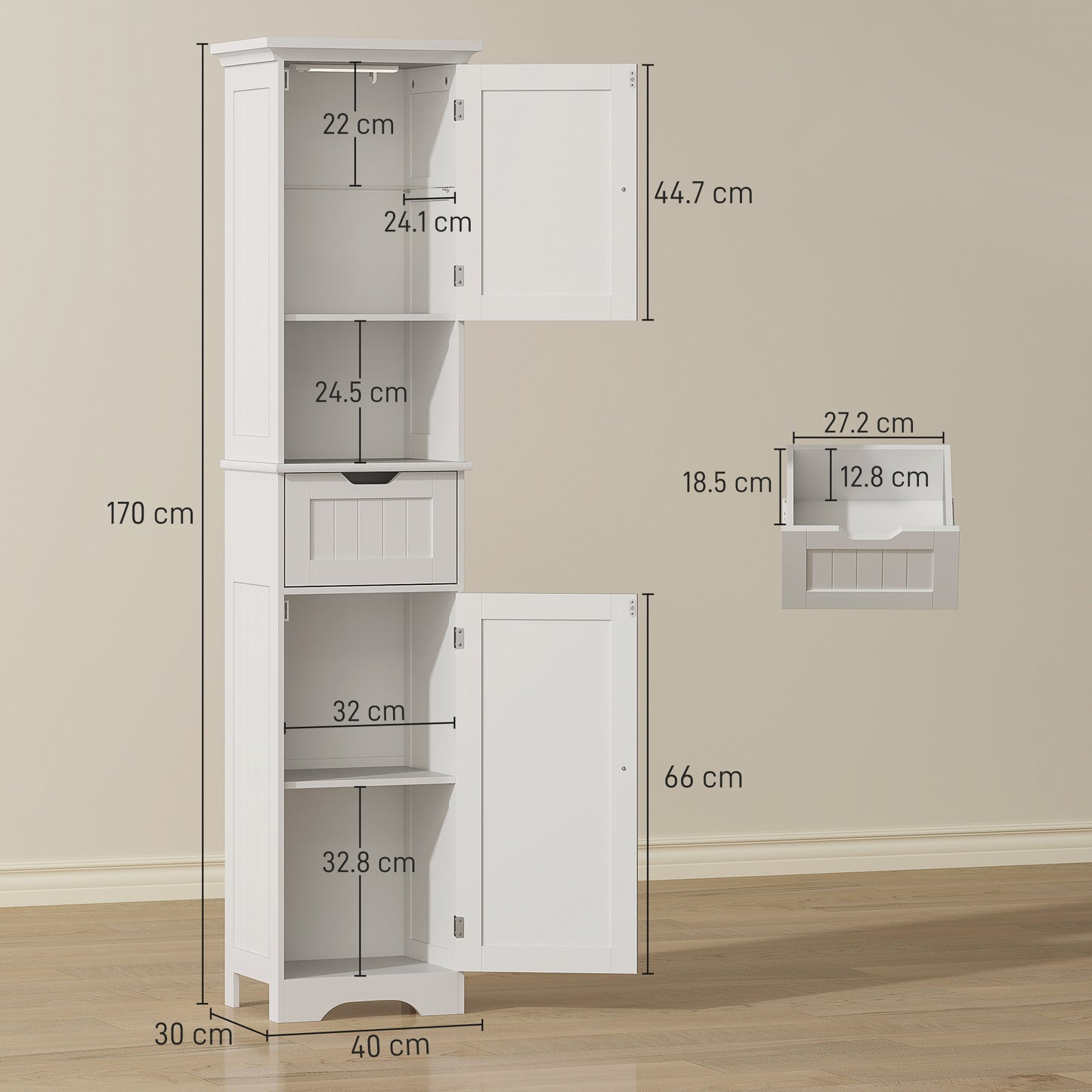 170cm Tall Bathroom Storage Cabinet with LED Light, Adjustable Shelf
