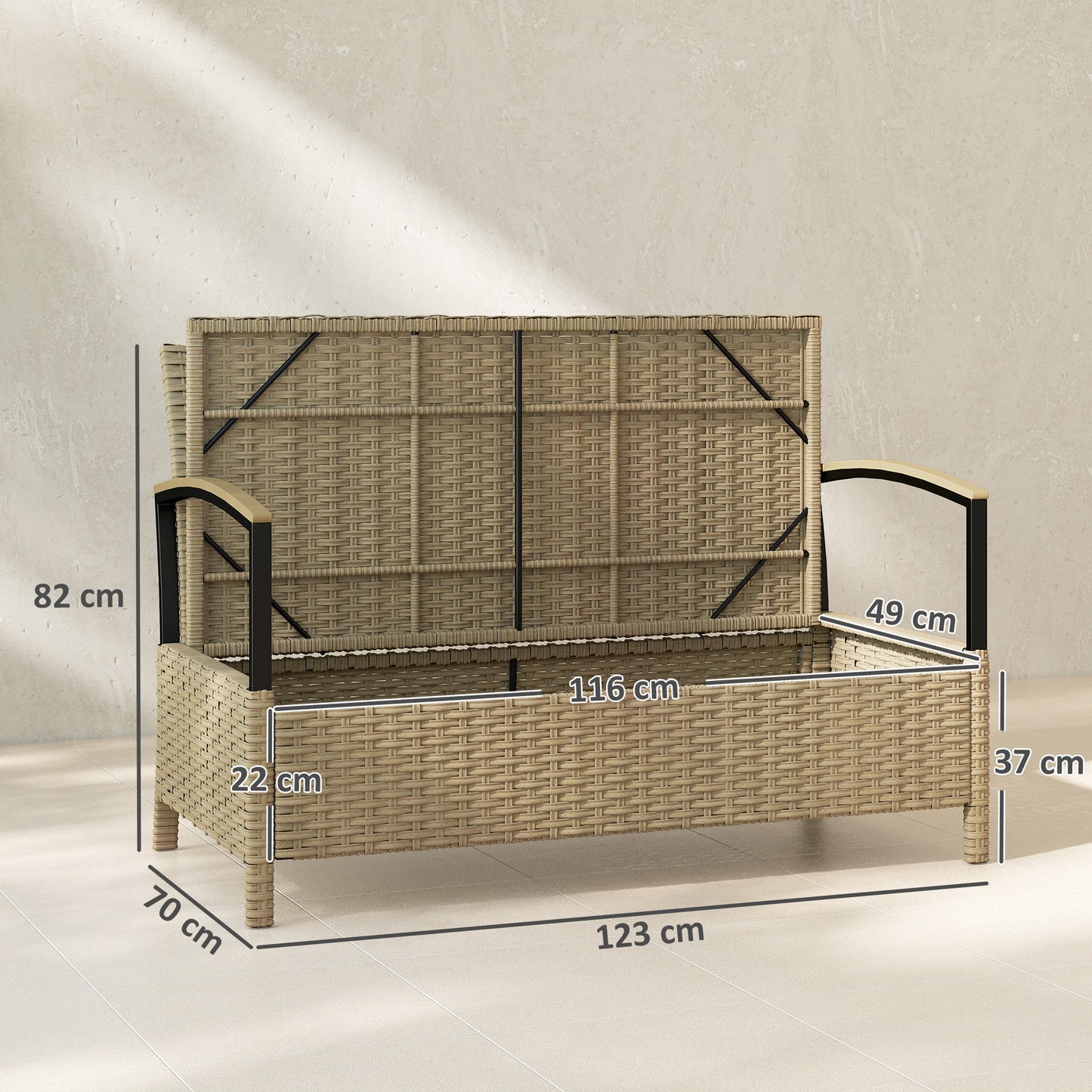 125L Garden Storage Bench, 2 Seater PE Rattan Outdoor Bench - Khaki