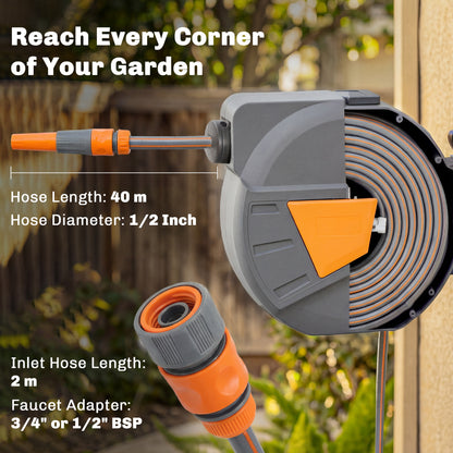 Retractable Hose Reel Wall Mounted, 40+2m Hose Pipe Reel, Orange