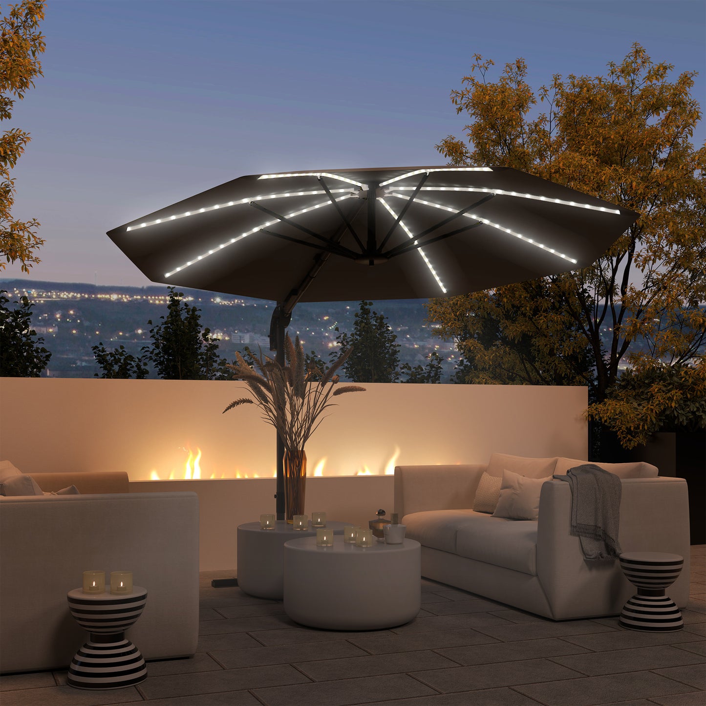 3(m) Garden Parasol w/ Lights, Crank Handle & Cross Base, Dark Grey