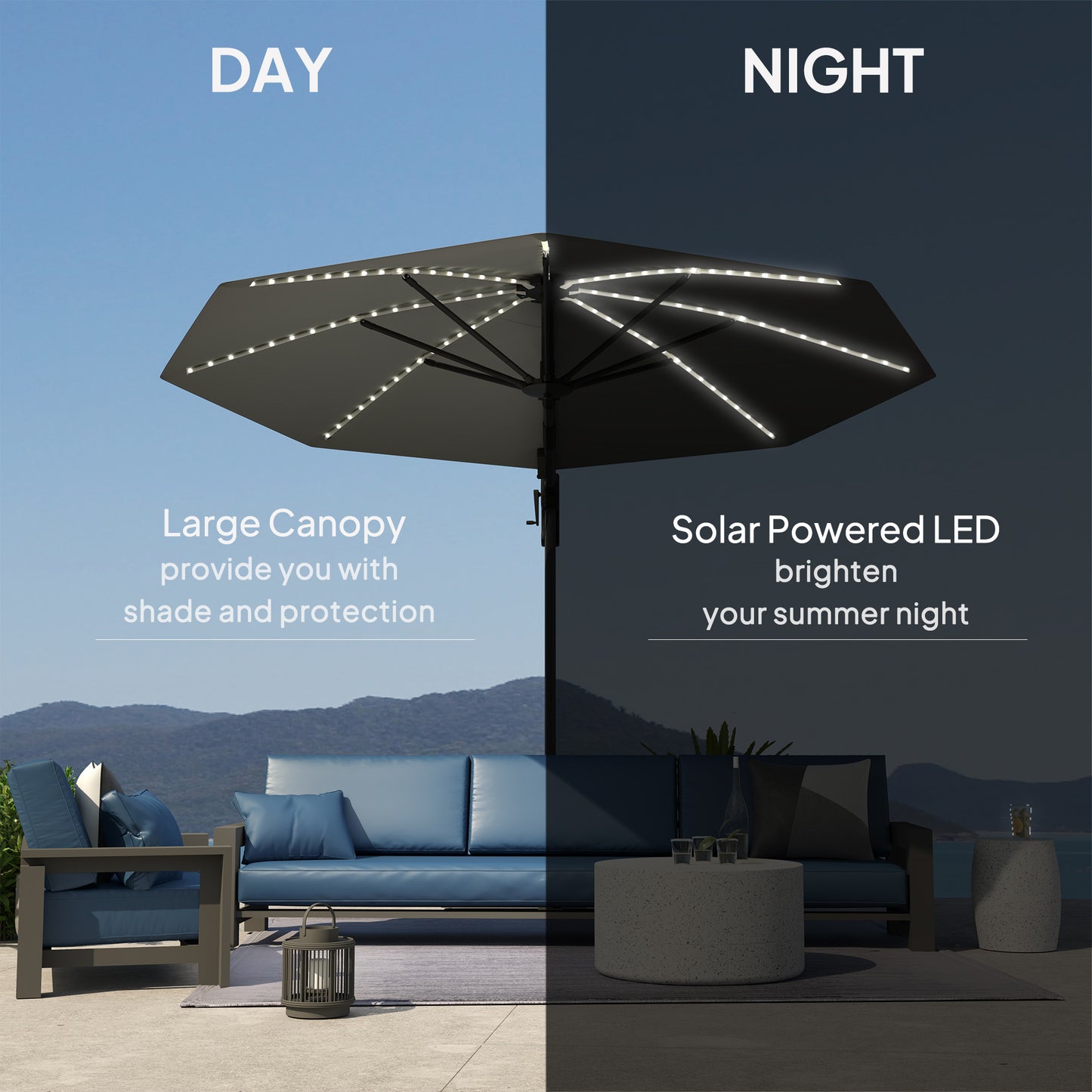 3(m) Garden Parasol w/ Lights, Crank Handle & Cross Base, Dark Grey