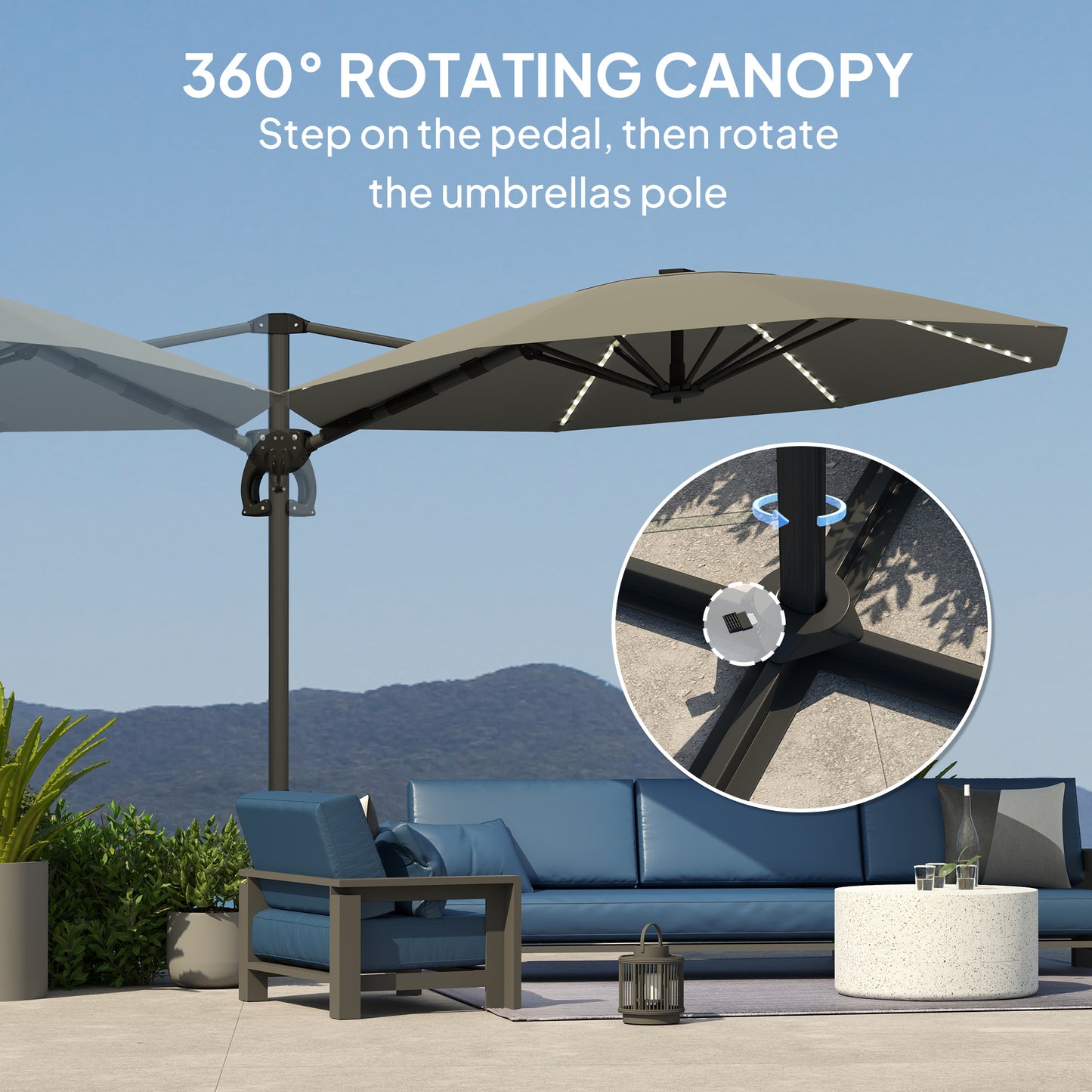 3(m) Garden Parasol w/ Lights, Crank Handle & Cross Base, Dark Grey