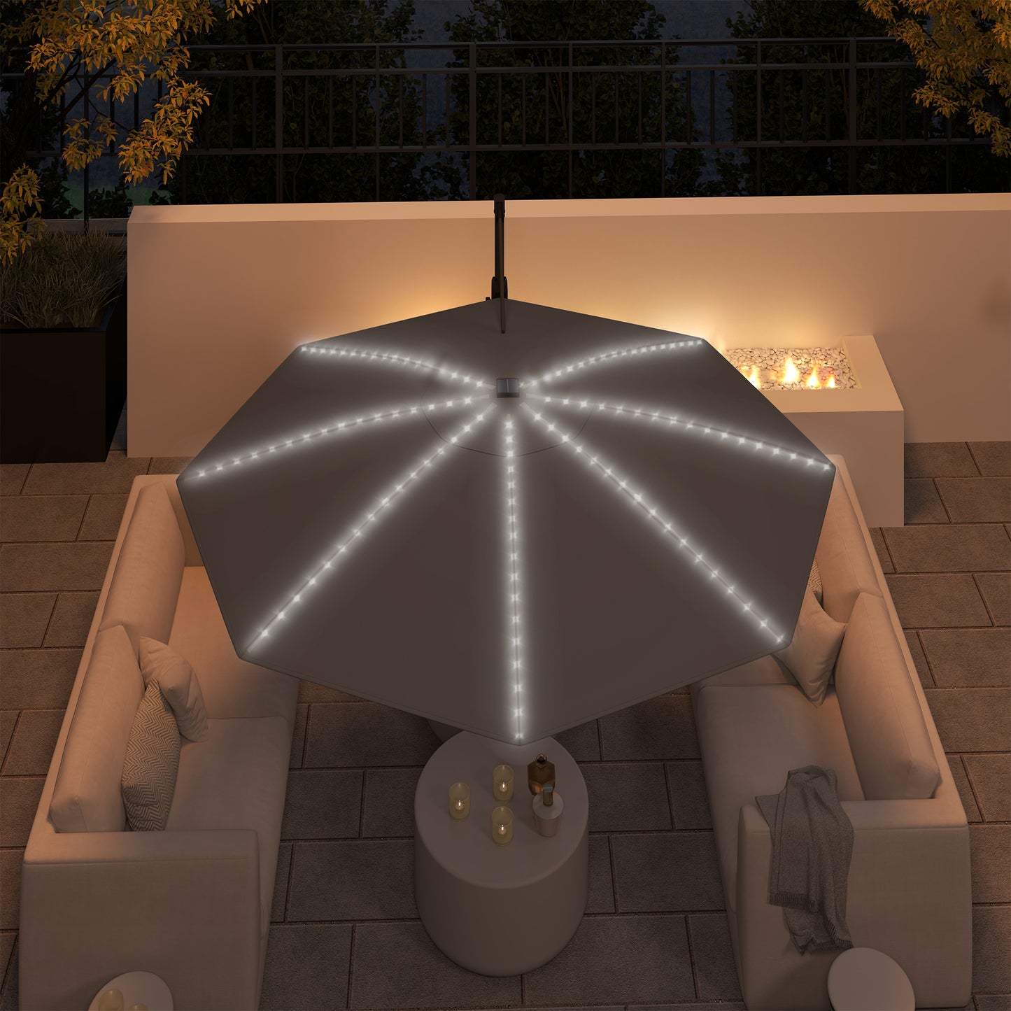 3(m) Garden Parasol w/ Lights, Crank Handle & Cross Base, Dark Grey