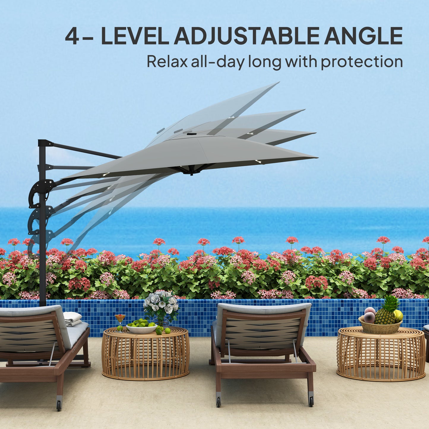 3(m) Garden Parasol w/ Lights, Crank Handle & Cross Base, Dark Grey