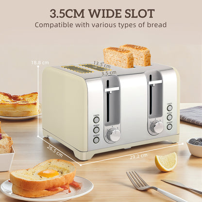 3000W 1.7L Kettle with Retro Thermometer, 4 Slice Toaster Set, Cream