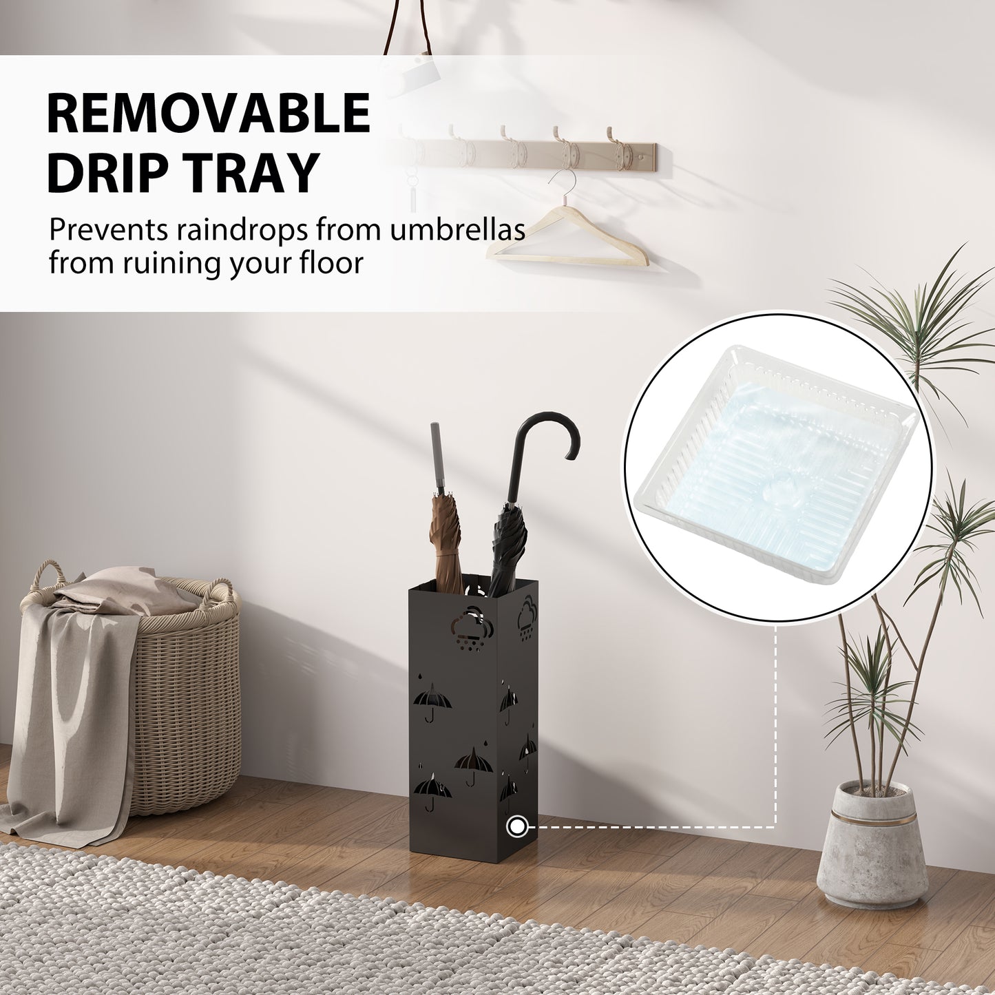 Decorative Umbrella Holder w/ Drip Tray 4 Hooks for Entryway Black