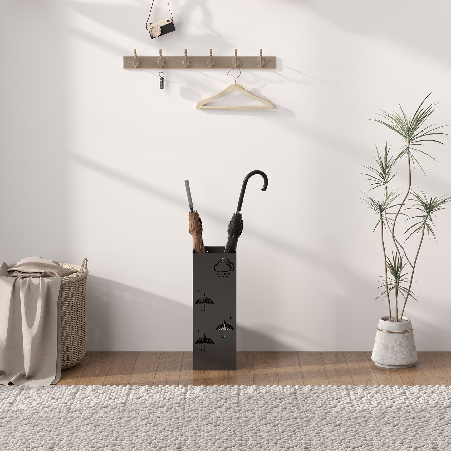 Decorative Umbrella Holder w/ Drip Tray 4 Hooks for Entryway Black