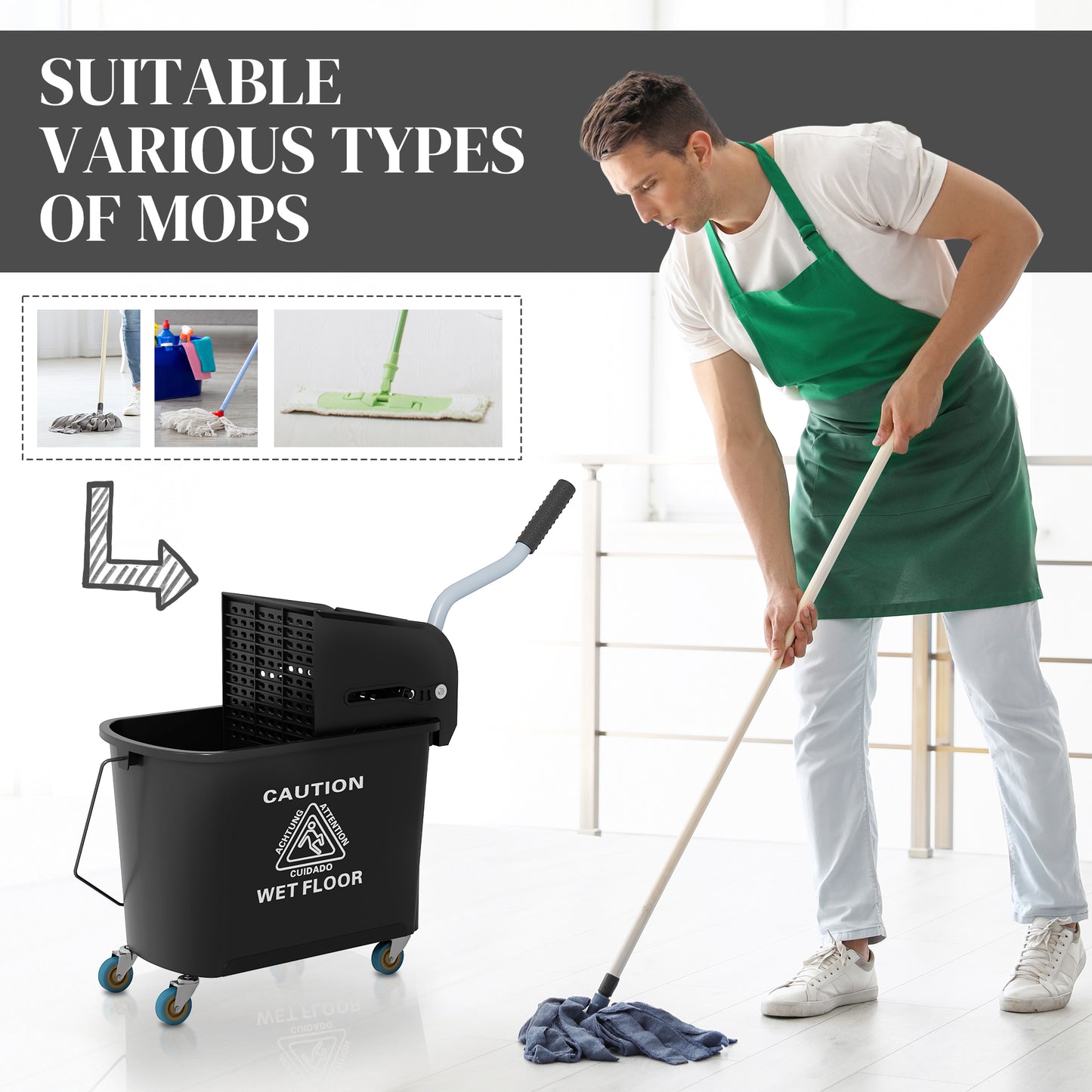 20L Mop Bucket with Wringer Handle on Wheels for Floor Cleaning Black