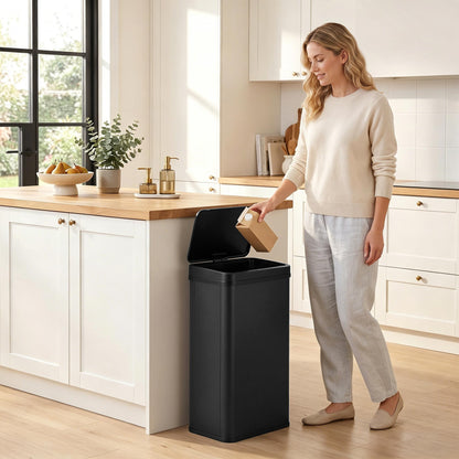 50L Sensor Bin with Quiet Soft-Close Lid, Automatic Touchless Motion Sensor Kitchen Bin with Fingerprint Resistant Stainless Steel for Hygienic Gyms, Home Office Use, Black
