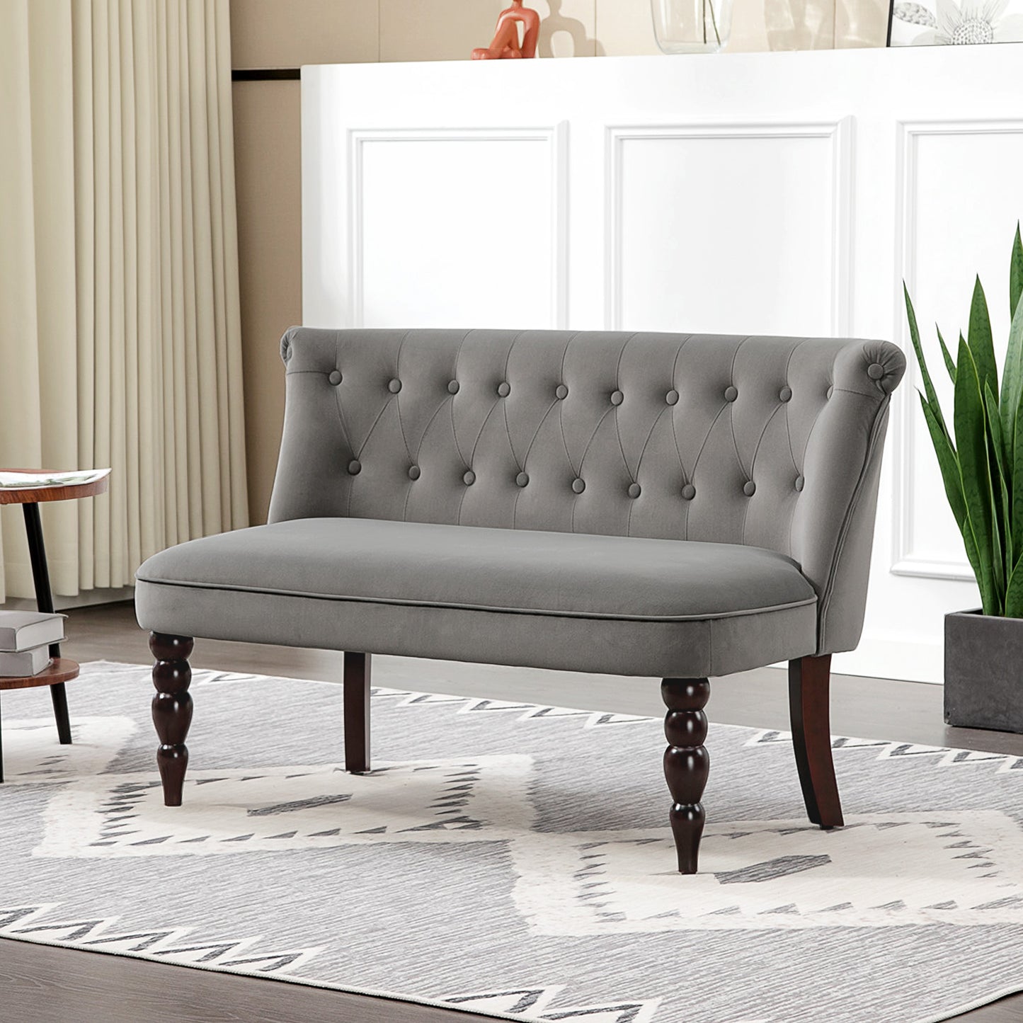 Velvet-Feel Two-Seat Lounger Sofa with Wood Frame, Charcoal Grey